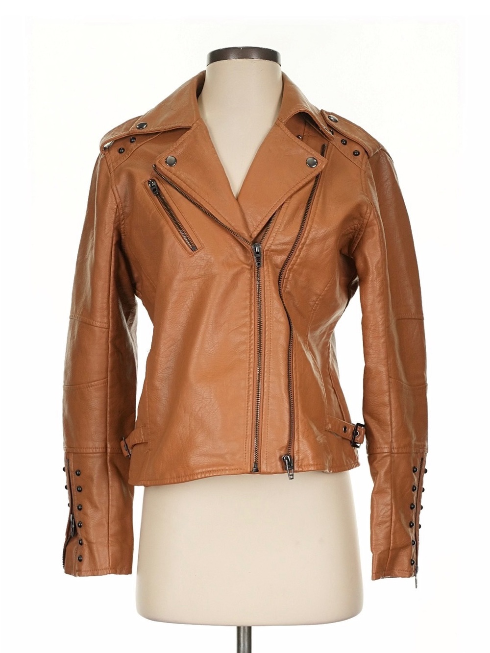 Bessie Cai - Women’s Tan Leather Moto Jacket - Small